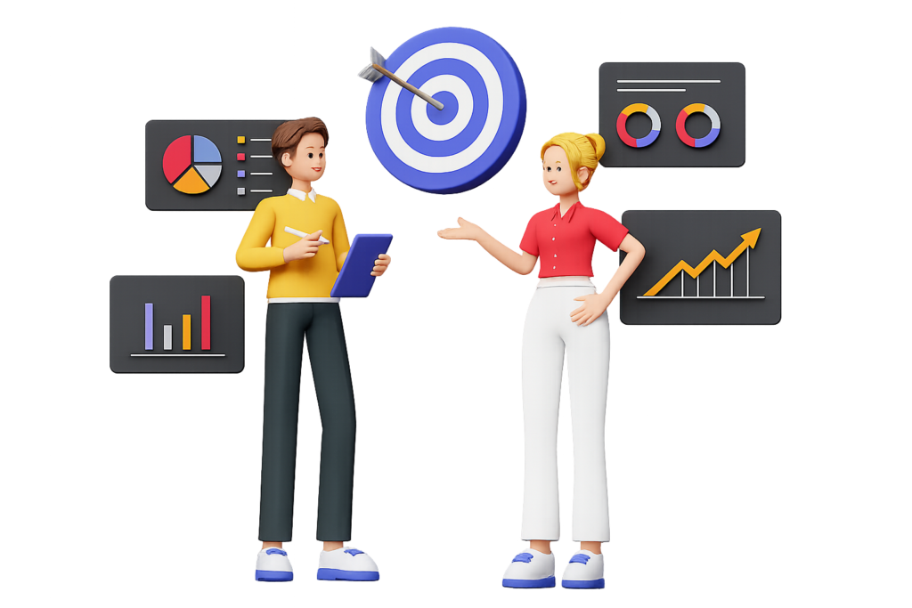 Strategic Planning for Growth 3D illustration of two business professionals standing and talking about a strategy. The man is holding a clipboard and stylus, and the woman is making a gesture while talking. Analytics diagrams, such as a bar chart, pie chart, circular data visuals, a line graph trending upward, and a bullseye with an arrow in the center, symbolizing goals and business growth, are floating behind them. 3graphicduniya.in