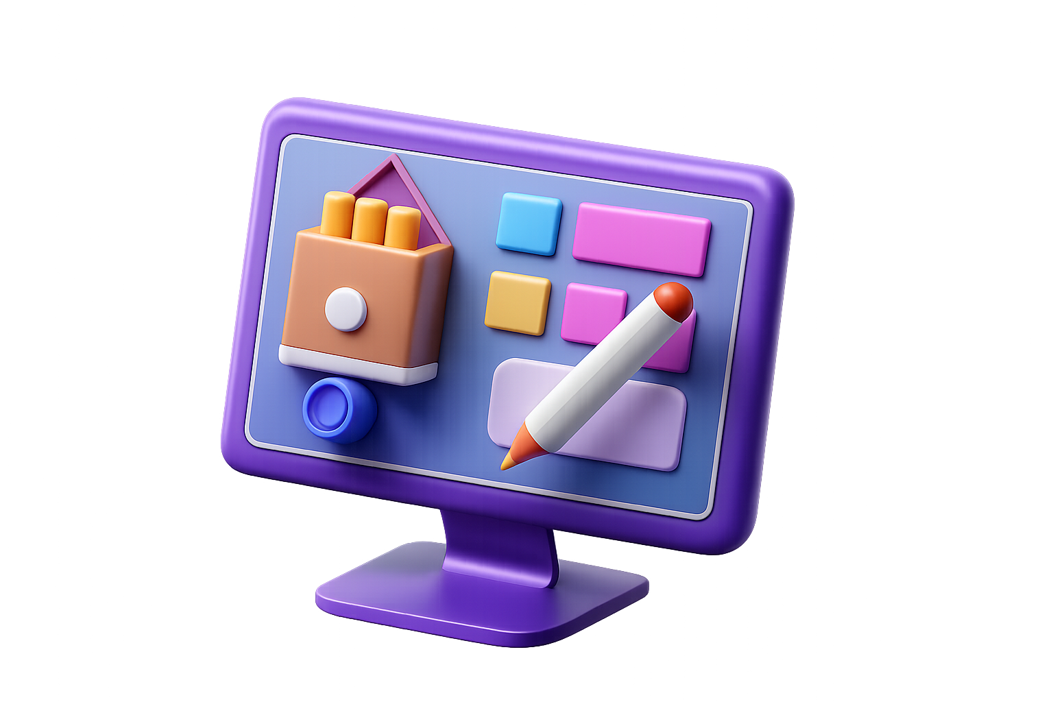 A colorful 3D illustration of a desktop monitor, displaying a creative design interface, with a pencil, shapes, layout elements, and a coffee cup. The scene is a metaphor for graphic design or digital content creation, depicted in a modern, fun style. Creative Workspace Essentials graphicduniya.in