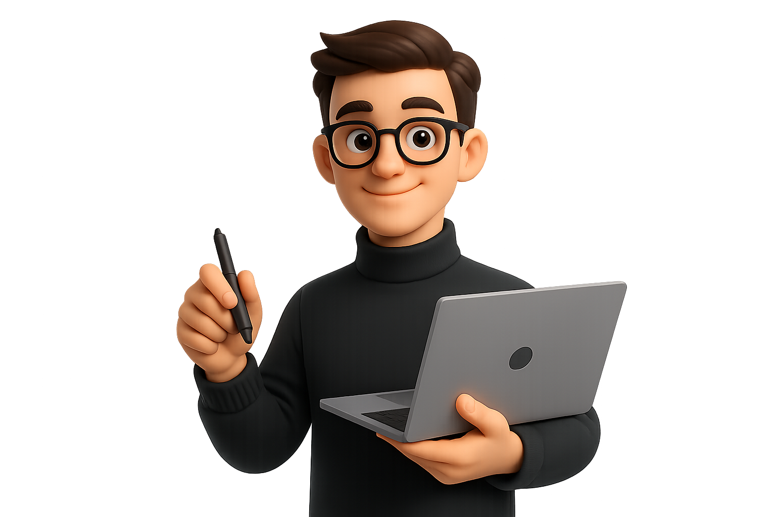 Designing the Future A vibrant 3D artwork showing a young male digital designer with glasses, sitting at his desk, and working on a huge computer screen. The screen shows the editing of a 3D cube with color palettes and other design tools around it. A big cursor icon seems to be coming out and design elements are floating around the workspace. Next to him is a small desk with drawers, pencils, and a potted plant, which together with him make a modern creative studio setting.