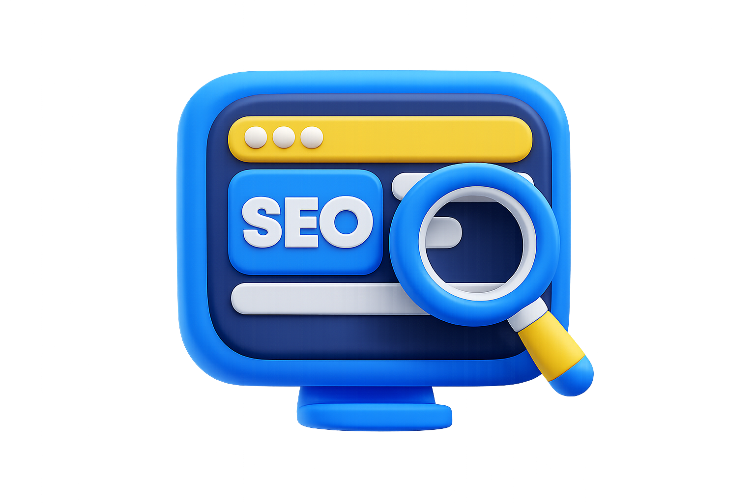 A vivid 3D depiction of a computer screen showing the word "SEO, " with a magnifying glass being held right over the screen. This picture is a metaphor for search engine optimization, website evaluation, and the overall digital marketing plan. The approach is modern and playful.