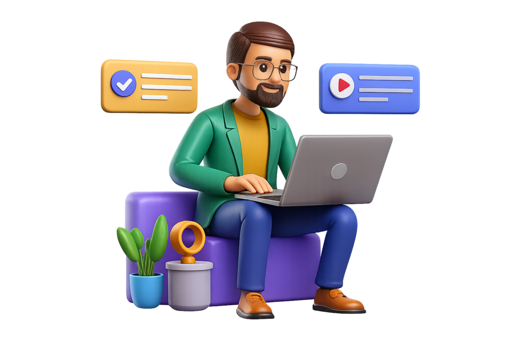 A vibrant 3D artwork showing a young male digital designer with glasses, sitting at his desk, and working on a huge computer screen. The screen shows the editing of a 3D cube with color palettes and other design tools around it. A big cursor icon seems to be coming out and design elements are floating around the workspace. Next to him is a small desk with drawers, pencils, and a potted plant, which together with him make a modern creative studio setting.