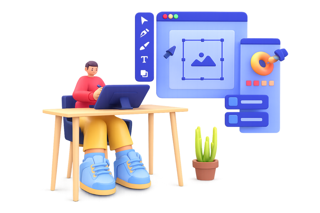 A simple drawing of someone sitting at a desk and working on their laptop. A huge monitor behind them is showing charts and different parts of a software interface. There is a little green plant next to the desk, and a pair of big blue sport shoes in the front, giving a fun, giant, sized view.