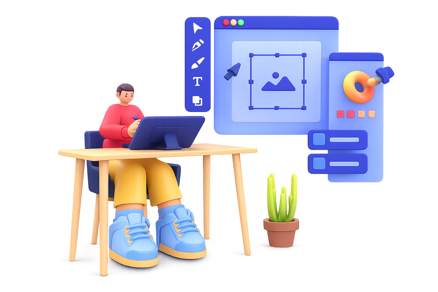 A simple drawing of someone sitting at a desk and working on their laptop. A huge monitor behind them is showing charts and different parts of a software interface. There is a little green plant next to the desk, and a pair of big blue sport shoes in the front, giving a fun, giant, sized view.