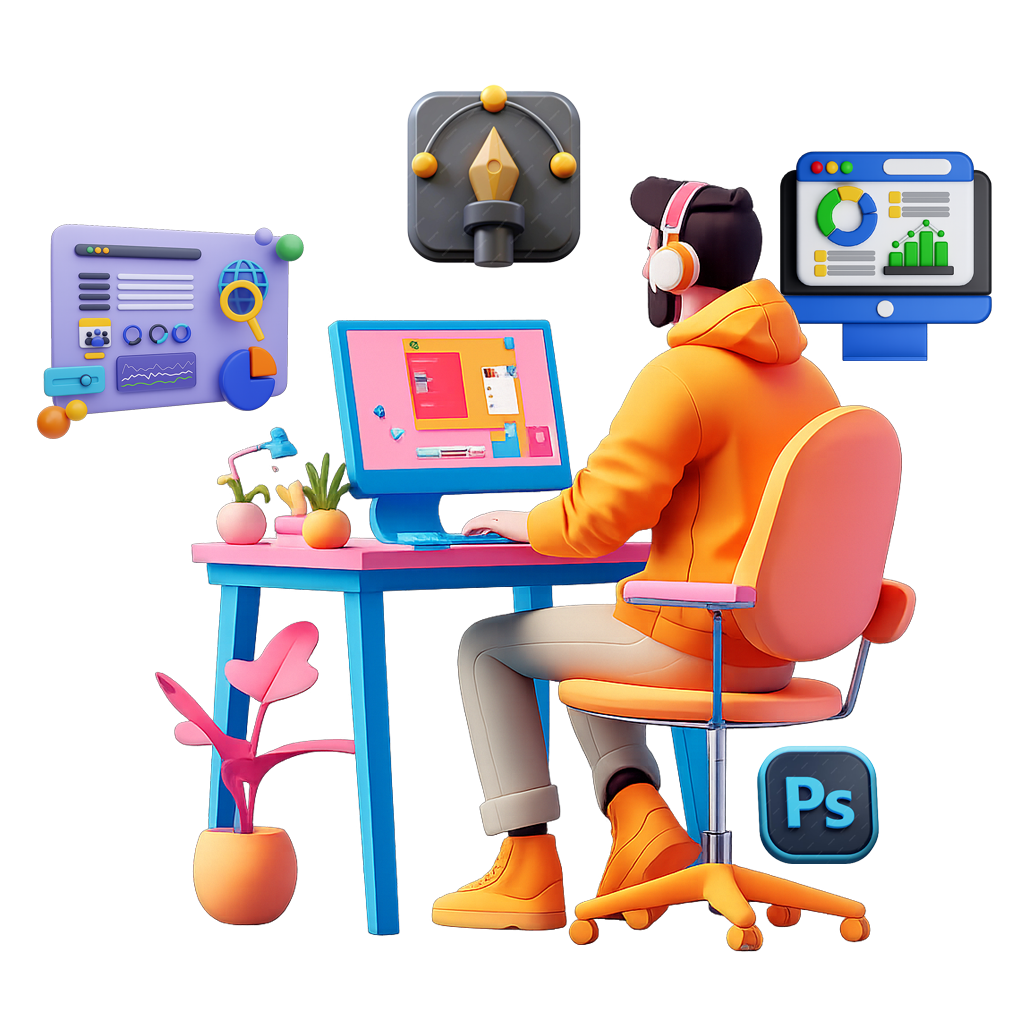 A Day in the Life of a Digital Designer A vibrant 3D image shows a digital designer wearing headphones and a bright orange hoodie, sitting in front of a desktop computer and working. The screen has a colorful design interface visible, with several UI panels and charts for analytics floating around him. There is a small plant on the desk near the pot, and a Photoshop, style PS icon hovers by the chair, symbolizing the graphic design work. #graphicduniya.in