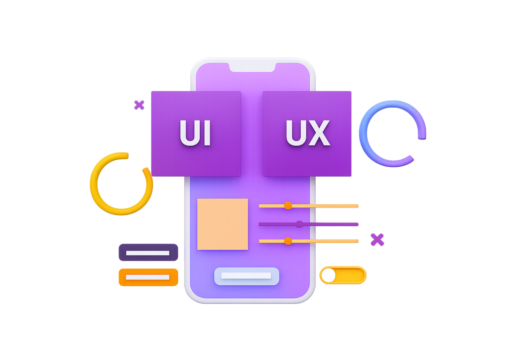 A colorful 3D image illustrating UI and UX concepts, showing two violet cubes with the inscriptions UI and UX that are encompassed by interface elements, layout cards, and curved decorative patterns. The picture visually depicts user interface and user experience design in a contemporary, fun manner.