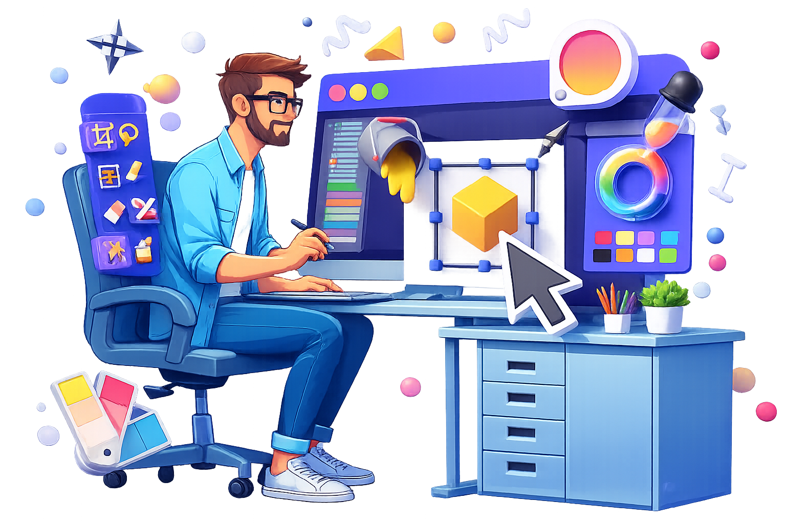 Mastering the Art of Digital Design A vibrant 3D artwork showing a young male digital designer with glasses, sitting at his desk, and working on a huge computer screen. The screen shows the editing of a 3D cube with color palettes and other design tools around it. A big cursor icon seems to be coming out and design elements are floating around the workspace. Next to him is a small desk with drawers, pencils, and a potted plant, which together with him make a modern creative studio setting. graphicduniya.in